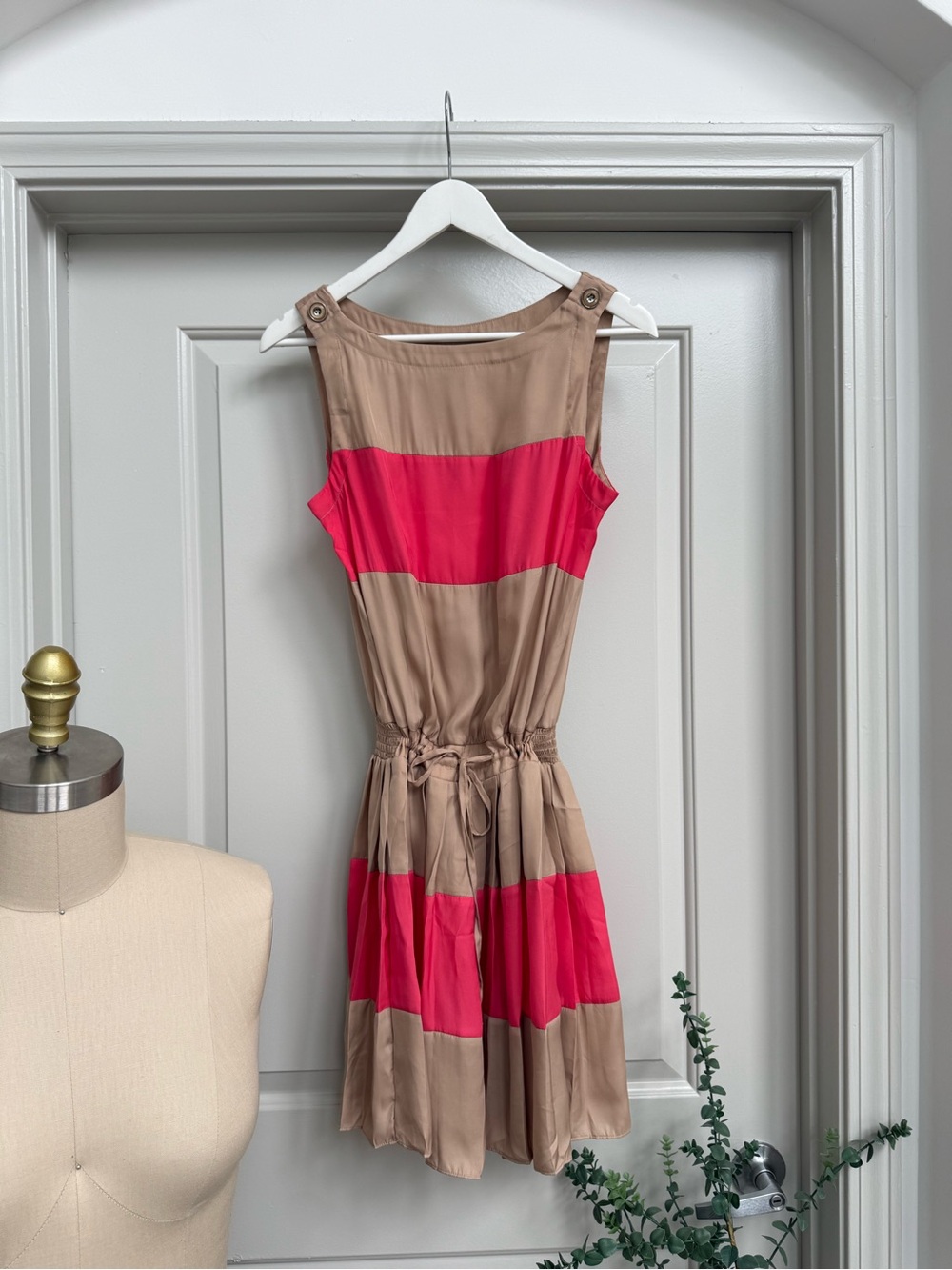 Cache Sleeveless Taupe and Hot Pink Block-Stripe Drawstring Dress